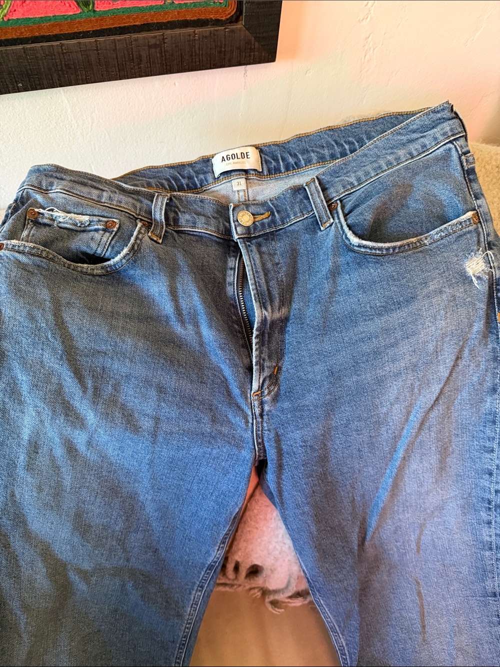Agolde Medium Blue High-Rise Straight Jeans with stretch